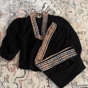 Jodifl Black Top and Pants Set with Plaid Trim